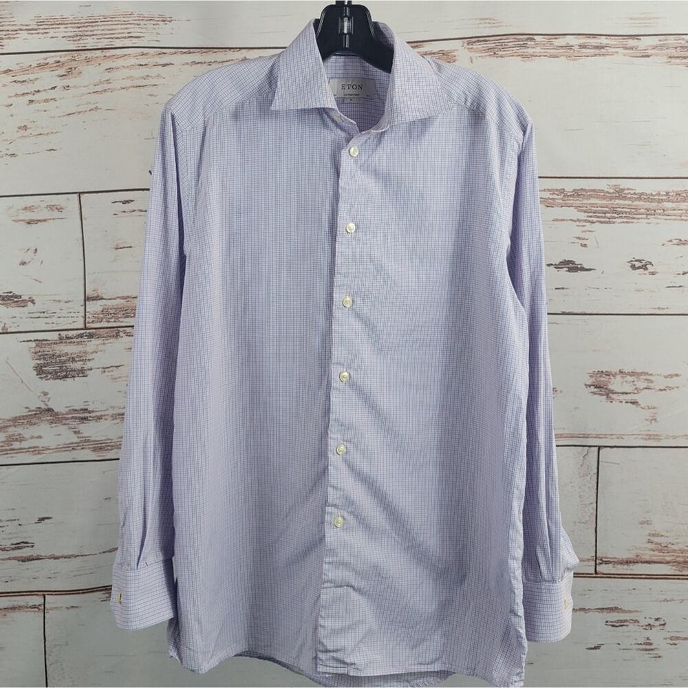 Eton Button Up Long Sleeve Shirt Blue Red Plaid Size 39/15.5 Medium